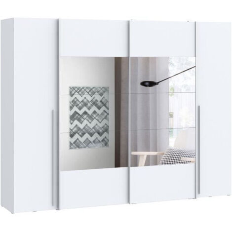 Armoire NARAGO blanc mat – 2 portes coulissantes avec miroir, 2 portes battantes – L270 x P61 x H210 cm – Aménagement intérieur pratique
