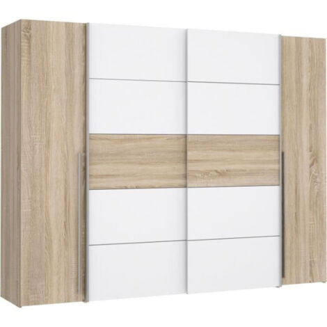 Armoire NARAGO – Chêne sonoma et blanc mat – 2 portes coulissantes et 2 portes battantes – L270 x P61 x H210 cm – 2 tringles et 6 tablettes