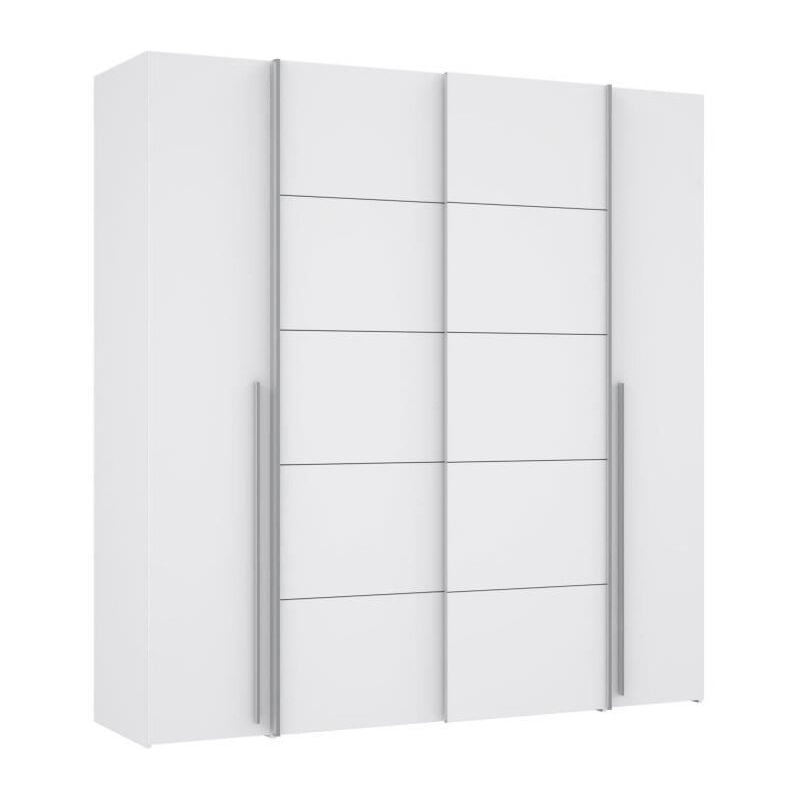 Armoire NARAGO - Décor Blanc mat - 2 portes coulissantes + 2 portes battantes + 2 penderies - L200 x P61 x H210 cm