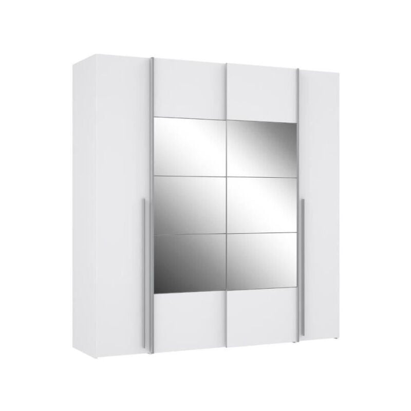 Armoire NARAGO - Décor Blanc mat - 2 portes coulissantes + miroir + 2 portes battantes + 2 penderies - L200 x P61 x H210 cm