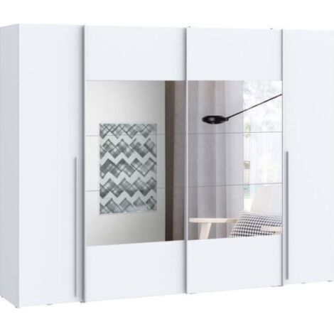 Armoire NARAGO - Décor Blanc mat - 2 portes coulissantes + miroir + 2 portes battantes + 2 penderies - L270 x P61 x H210 cm