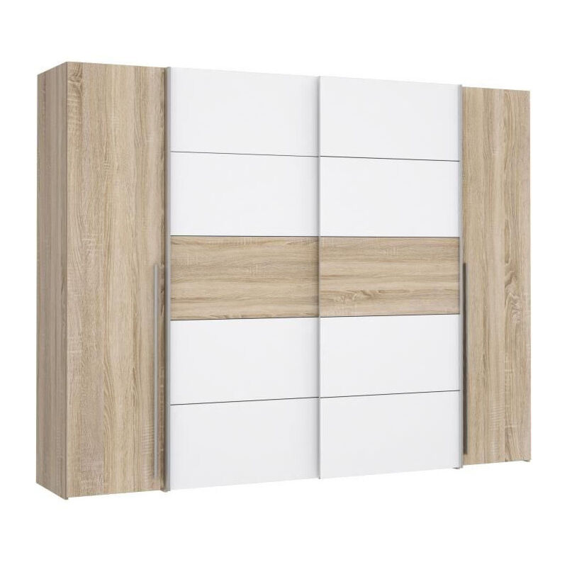Forte Möbel - Armoire narago - Décor Chene Sonoma et blanc mat - 2 portes coulissantes + 2 portes battantes - L270 x P61 x H210 cm