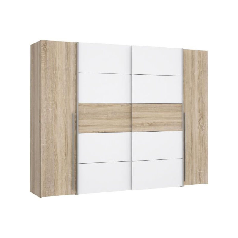 Sans Marque - Armoire narago - Décor Chene Sonoma et blanc mat - 2 portes coulissantes + 2 portes battantes - L270 x P61 x H210 cm