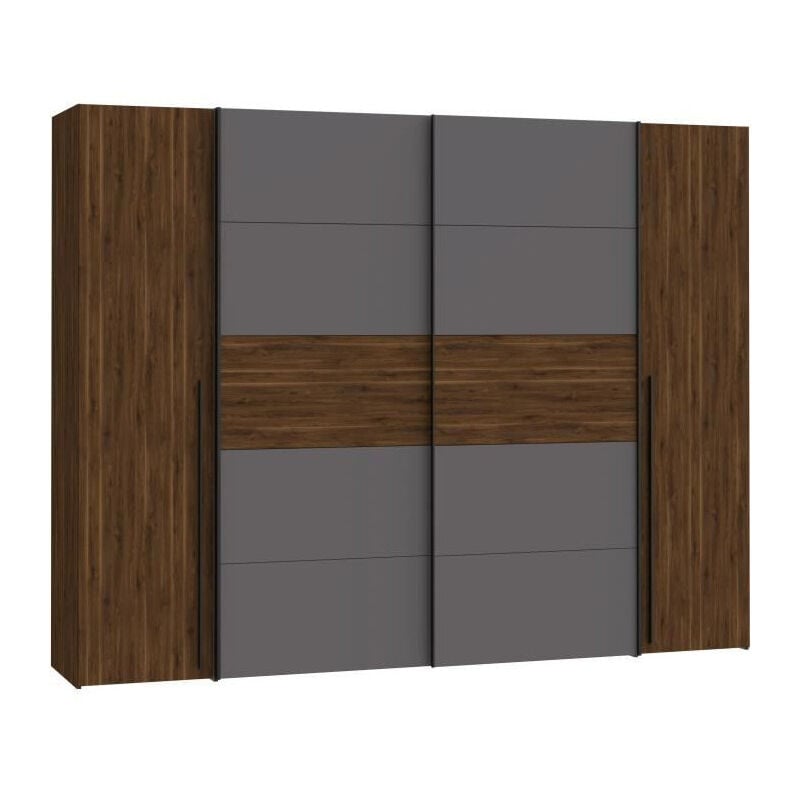 Forte Möbel - Armoire narago - Décor Noyer Bakersfield et gris - 2 portes coulissantes + 2 portes battantes - L270 x P61 x H210 cm