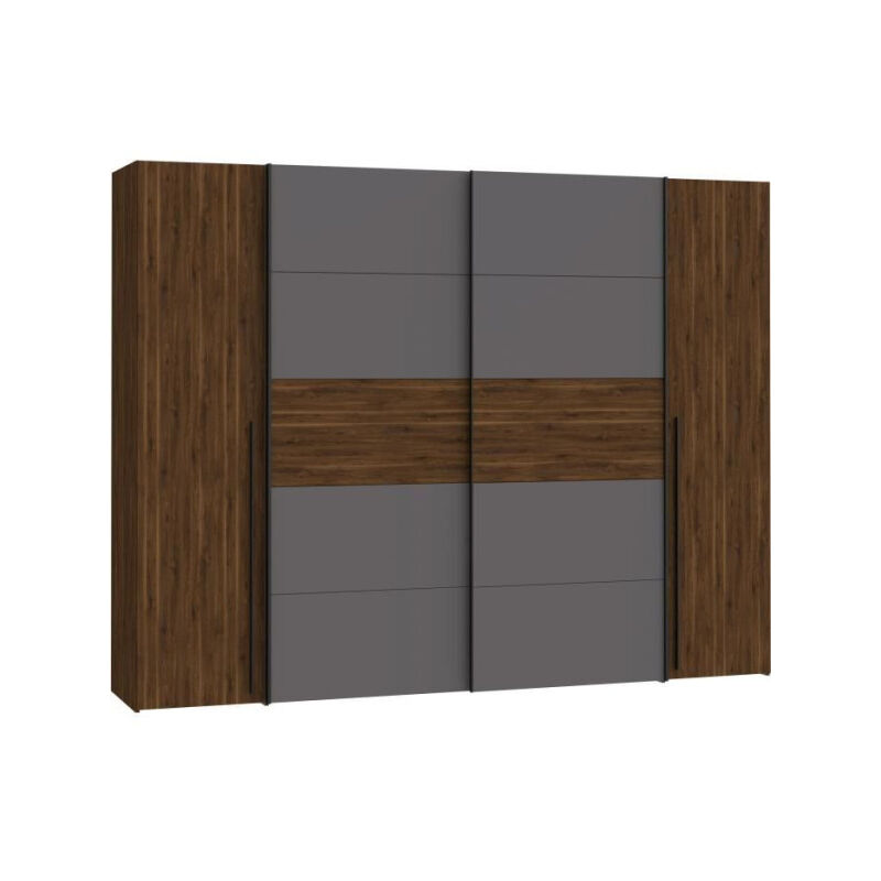 Sans Marque - Armoire narago - Décor Noyer Bakersfield et gris - 2 portes coulissantes + 2 portes battantes - L270 x P61 x H210 cm