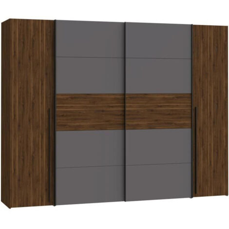 Armoire NARAGO - Décor Noyer Bakersfield et gris - 2 portes coulissantes + 2 portes battantes - L270 x P61 x H210 cm