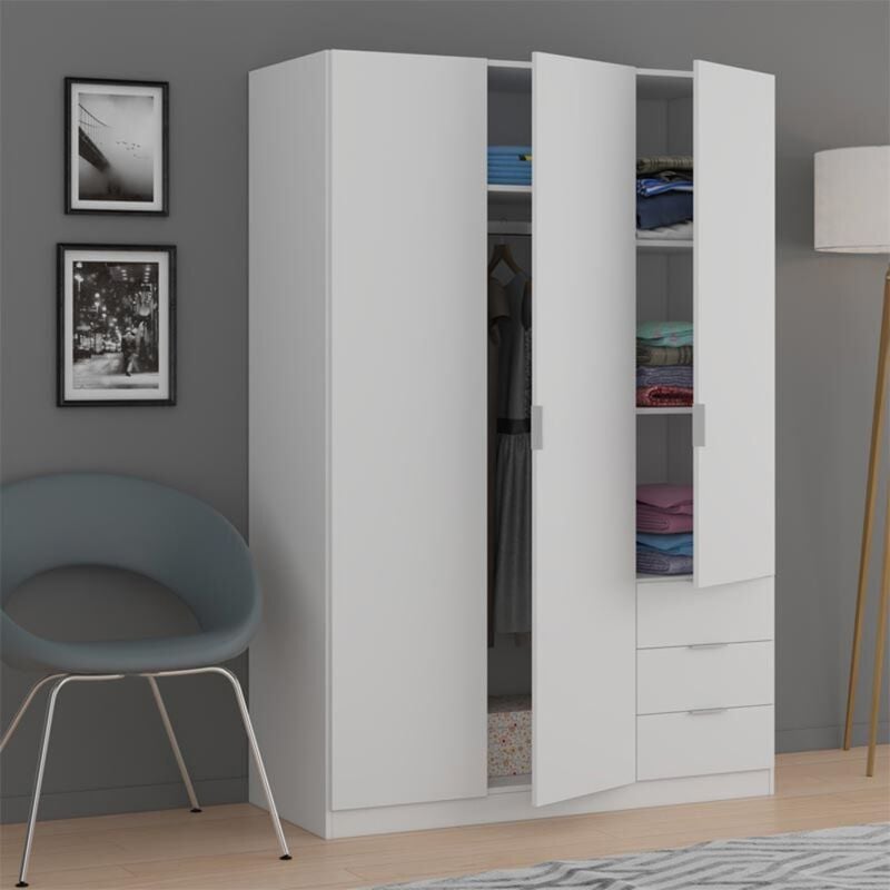 Armoire Low Cost blanche 3 portes 3 tiroirs 121 cm (largeur) x 180 cm (hauteur) x 52 cm (profondeur)