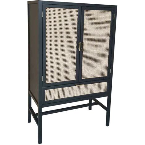 Armoire noire bois et métal portes cannage style naturel - noir et cannage naturel