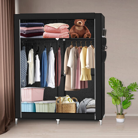Armoire non tissée 2 couches de 4 grilles avec 2 tringles à vêtements 108x45x170cm rangement - Noir