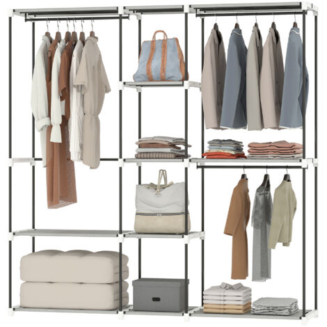 Armoire ouverte 182 x 43 x 185 cm avec 8 étagères en tissu, penderie et structure en métal gris clair.