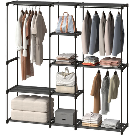 Armoire ouverte 182 x 43 x 185 cm avec 8 étagères en tissu, penderie et structure en métal noir.