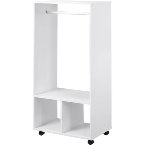 Armoire ouverte à roulettes, avec tringle et étagères pour suspendre et plier les vêtements, 60 x 40 x 128 cm, blanche