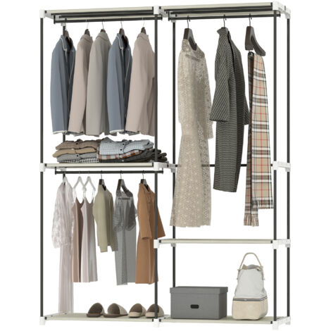 Armoire ouverte avec 4 étagères en tissu, 3 tringles, structure en métal, 142 x 43 x 185 cm, crème