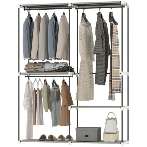 Armoire ouverte avec 4 étagères en tissu, 3 tringles, structure en métal, 142 x 43 x 185 cm, gris clair