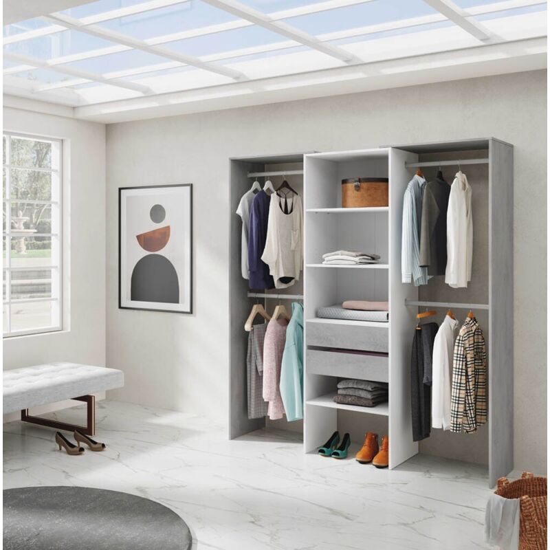 Armoire ouverte, Dressing sans portes, Structure pour armoire avec 4 étagères, tringle à vêtements et 2 tiroirs, Cm 179x50h202, Couleur Ciment et Armoire ouverte, Dressing sans portes, Structure pour armoire avec 4 étagères, tringle à vêtements et 2 tiroirs, Cm 179x50h202, Couleur Ciment et