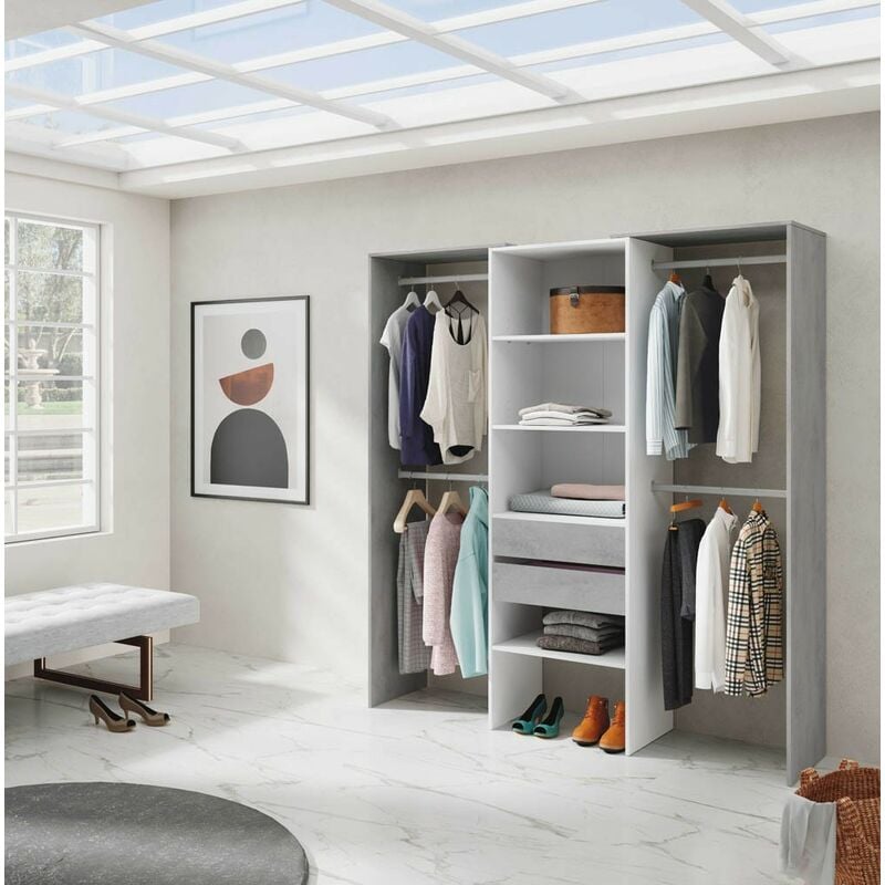 Dressing bien rangé sans portes 2 tiroirs 179 cm (largeur) x 202 cm (hauteur) x 50 cm (profondeur) - Artik Blanc - Ciment
