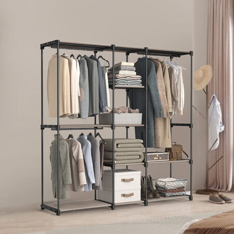 Armoire Ouverte, Portant à Vêtements, Penderie avec Tringles à Vêtements et Étagères en Tissu pour Chambre, 182 x 43 x 182 cm, Taupe