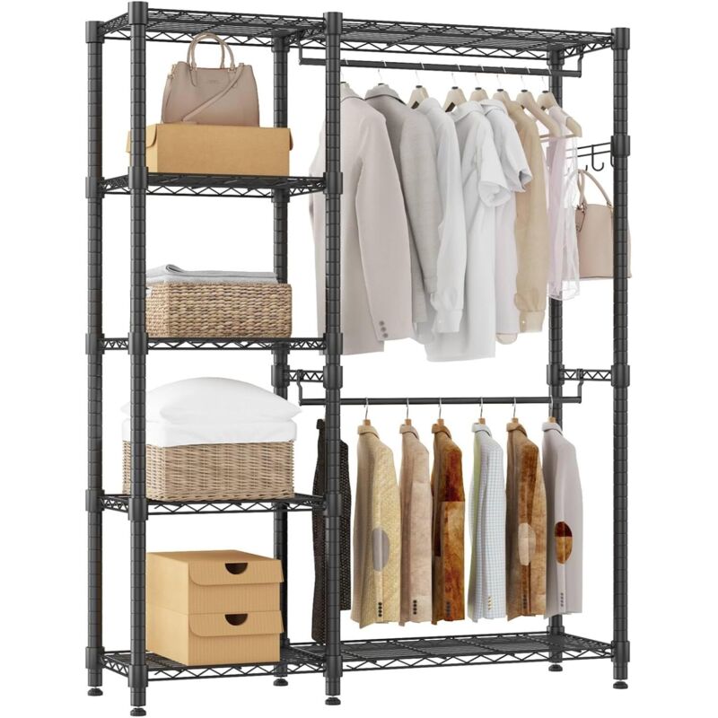 114 x 45 x 195 cm Armoire ouverte pour chambre à coucher, portant à vêtements robuste avec 5 étagères réglables en hauteur, 2 tringles et 4 crochets,