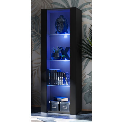 Armoire ouverte verticale 159 cm – Noir – 3 étagères en verre – Éclairage LED RGB – Dimensions 55x159x35 cm pour salon et chambre
