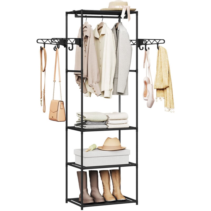 Armoire Ouverte Woltu Portant à Vêtements Autoportant 3-en-1 avec 3 Étagères, 8 Crochets, Cadre en Métal, Noir, 53,5x35,5x171cm