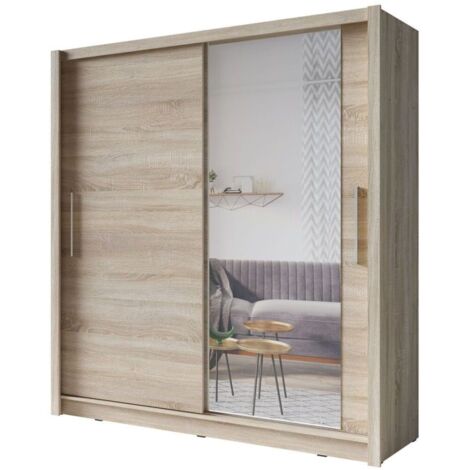 Armoire OZZULA 204 cm chêne clair avec miroir – 2 portes coulissantes