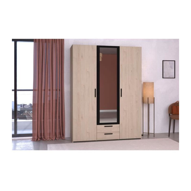 Armoire - Panneau de particules - Décor chene et noir - 3 portes centrales - Essentiel - Chambre - 150.3x200x51.7cm