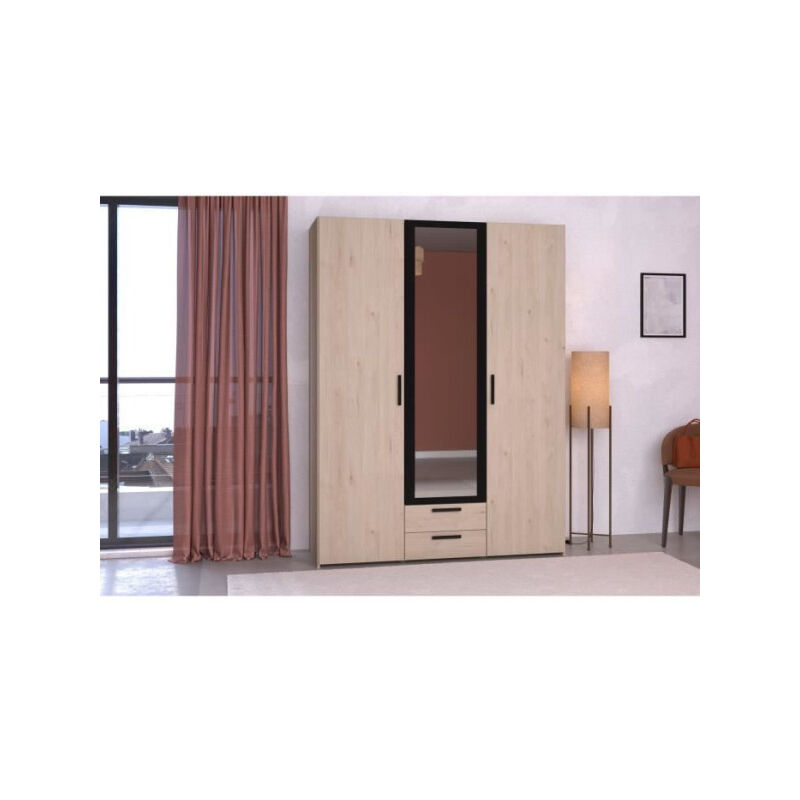 Parisot - Armoire varia - Décor chene et noir - 3 portes battantes + 2 tiroirs + 1 miroir - l 150 x h 200 x p 51 cm