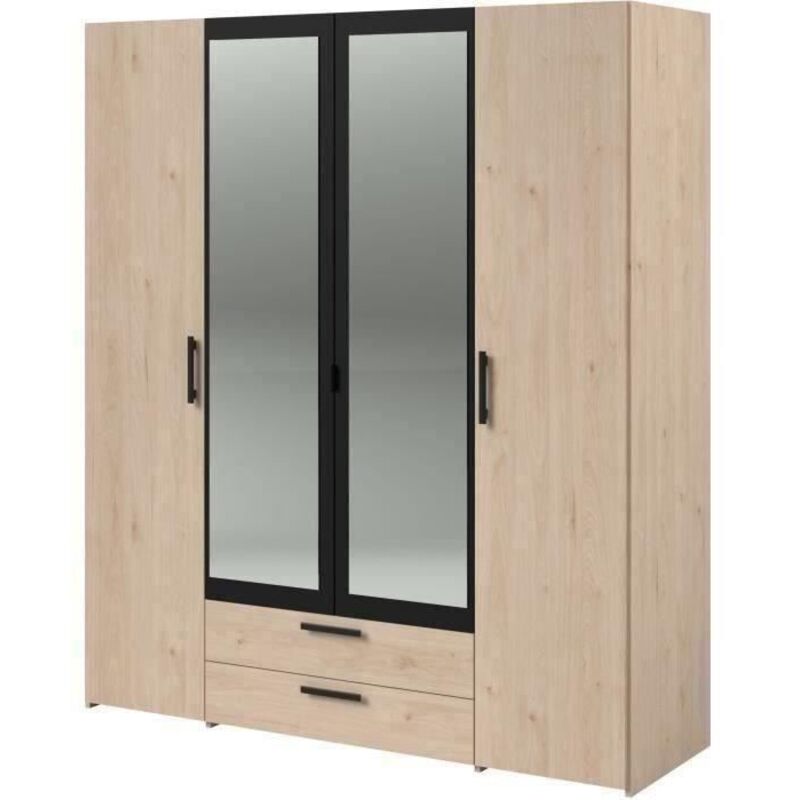 Armoire VARIA - 4 portes battantes + 2 miroirs + 2 tiroirs - Décor chene et noir - L160 x H 185 x P 51.7 cm
