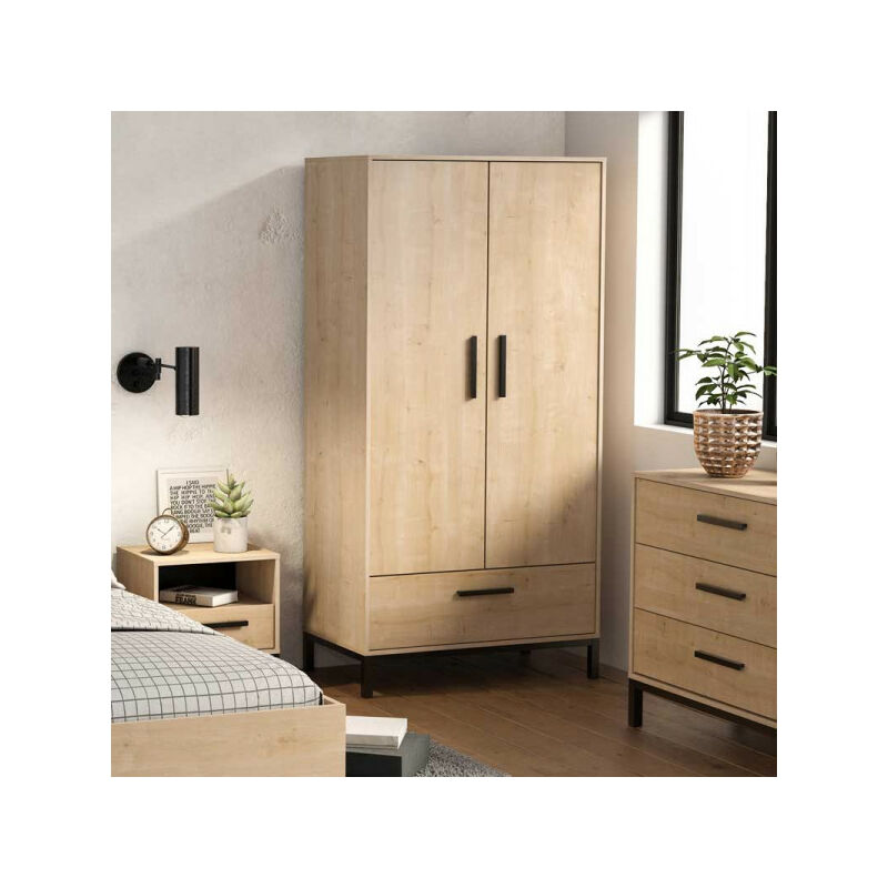 Armoire penderie 2 portes battantes + 1 tiroir Chêne/Noir - doron - l 90 x l 50 x h 180 cm