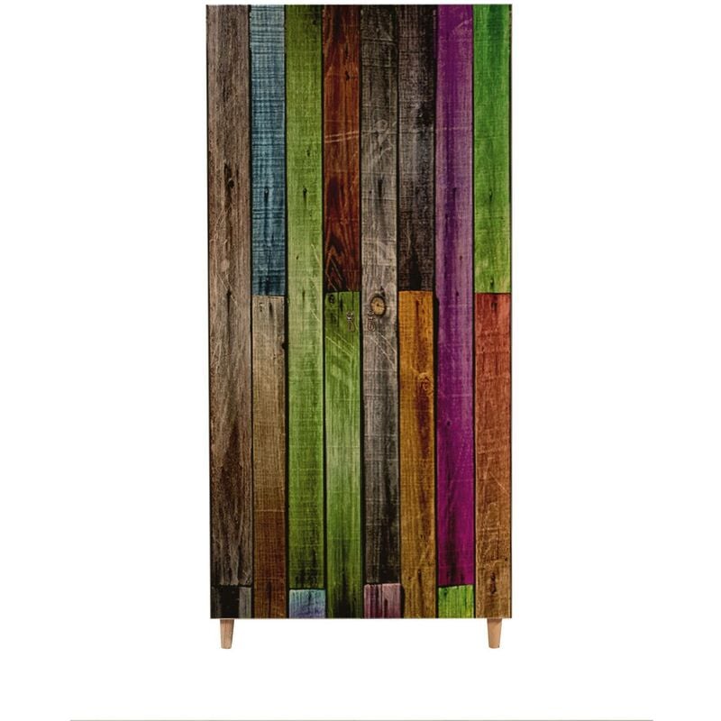 cotecosy - armoire penderie 2 portes infigo 90cm bois naturel motif planches de bois multicolore - multicolore