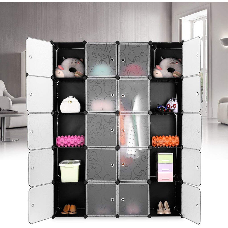 Skecten - Armoire Penderie 20 Cubes Modulable Meuble Etagères de Rangement Motif de Fleur Bouclé pour Vêtements/ Chaussures