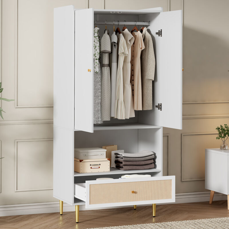 Armoire penderie 80x48x175 cm 2 portes avec tiroir en rotin PE et tringle, structure stable, blanc/naturel