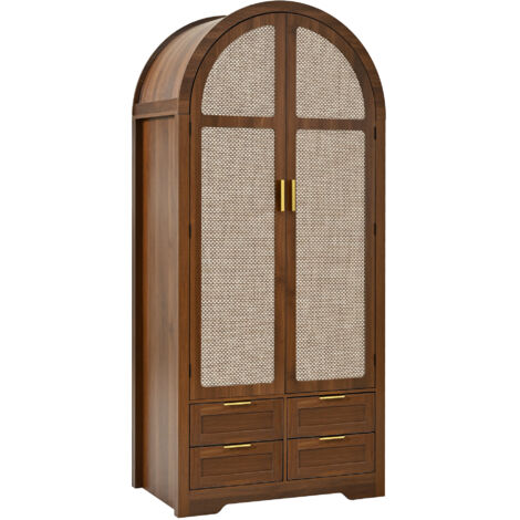Armoire penderie 80x50x179 cm avec portes courbées, tringle, étagères et tiroir bas, MDF noyer