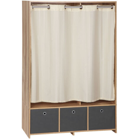 Armoire penderie armoire de rangement avec tringle rideaux 3 tiroirs en tissu amovibles 105 x 48 x 160 cm naturel