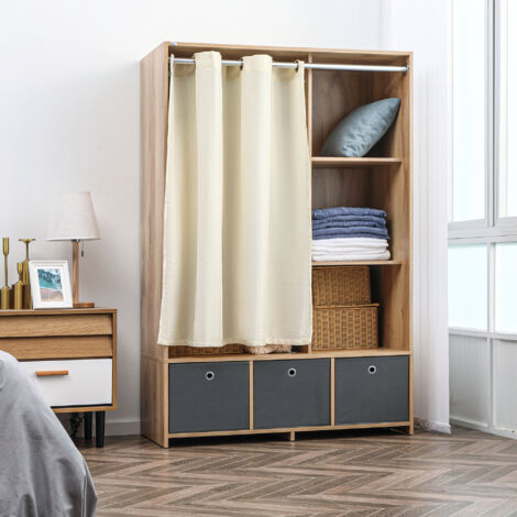 Armoire penderie armoire de rangement avec tringle rideaux 3 tiroirs en tissu amovibles 105 x 48 x 160 cm naturel