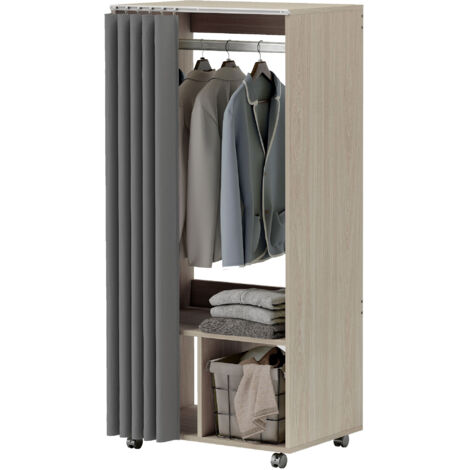 Armoire penderie armoire de rangement mobile avec rideau, tringle de suspension, 60 x 40 x 128 cm, effet bois naturel