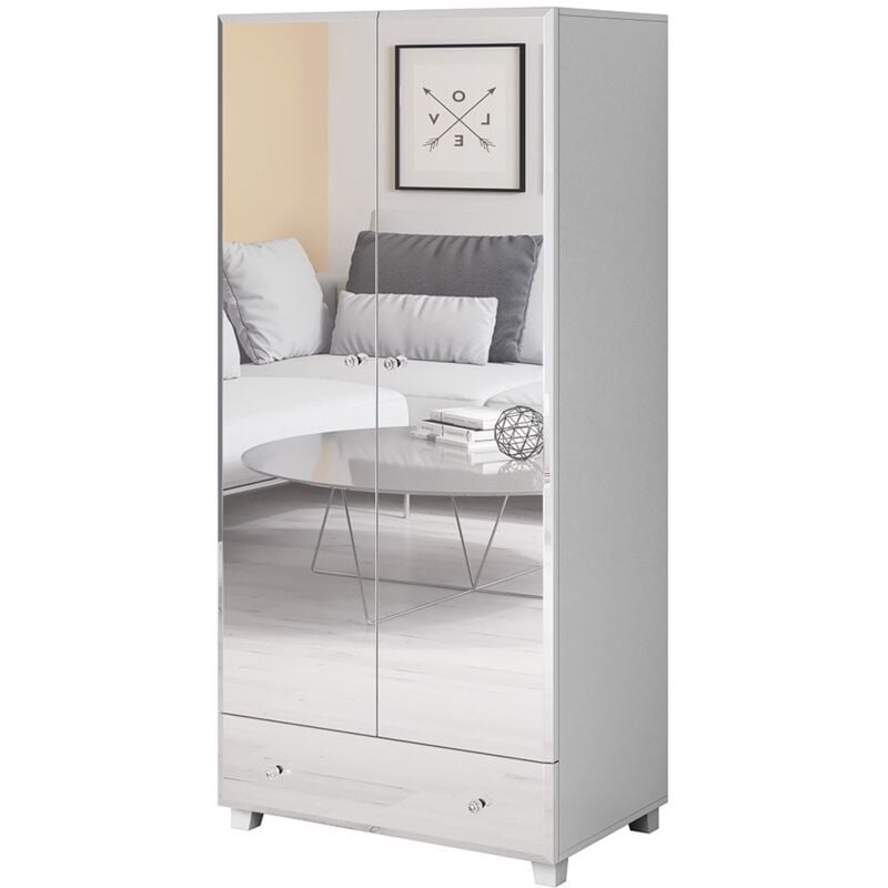 Armoire penderie corps blanc et façades recouvertes de miroirs collection luxor. 2 portes et un tiroir