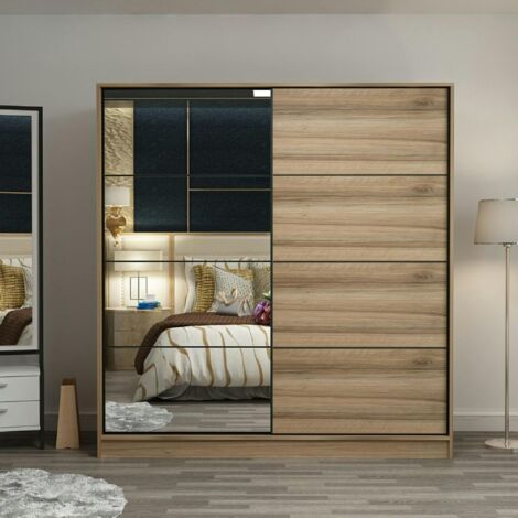 Armoire penderie coulissante effet bois 1 miroir H. 210 cm BYRON