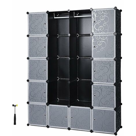 Armoire Penderie Cubes/étagère de rangement modulables plastiques cadre en métal  (2 barres à vêtement) 180 x 145 x 37cm, Blanc/Noir