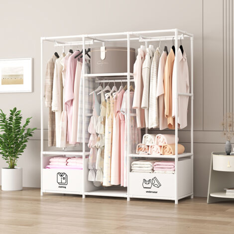 Armoire Penderie de Rangement 162x125x45cm Penderie Garde-Robe Avec 2 Boites en Tissu Blanc