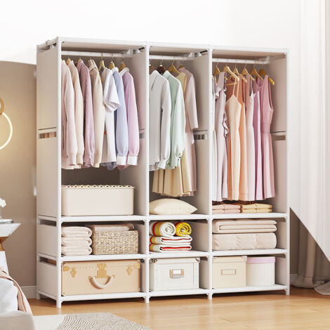 Armoire Penderie de Rangement 170x143x36cm Penderie Garde-Robe Avec Etagères en Tissu Blanc