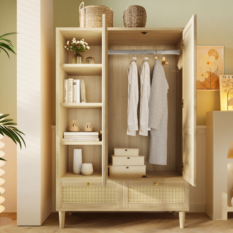 Armoire Penderie en Cannage Rotin 180x120x50 cm, 2 Portes avec 2 Tiroirs, tringle vêtements, Style Bohème Chic - Chêne
