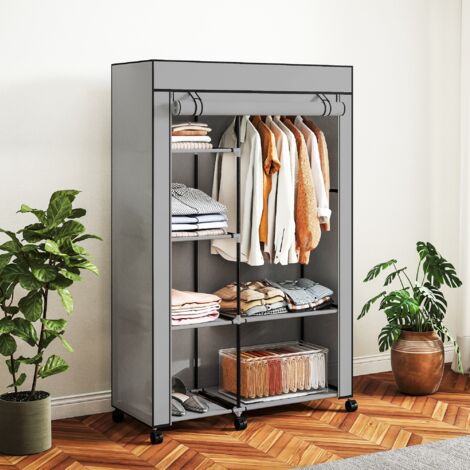 Armoire penderie en tissu meuble de rangement 6 roulettes tringle à vêtements et étagères ouvertes 103x43x162.5cm gris