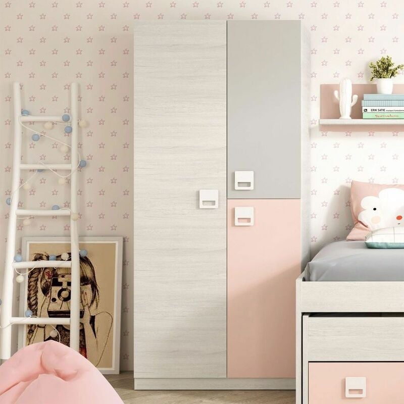Nouvelle armoire jeunesse Nube 3 portes 90 cm (largeur) x 200 cm (hauteur) x 52 cm (profondeur) - Alpes Blanches - Rose