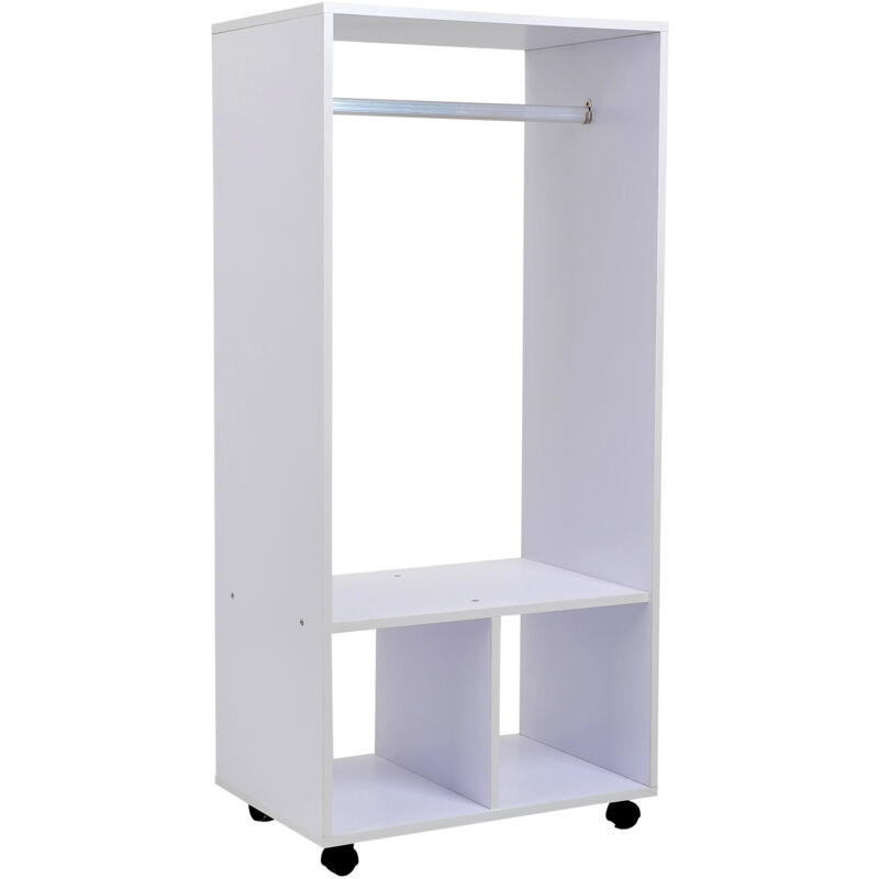 Portant à vêtements penderie mobile avec roulettes 2 niches + grand espace penderie panneaux particules blanc