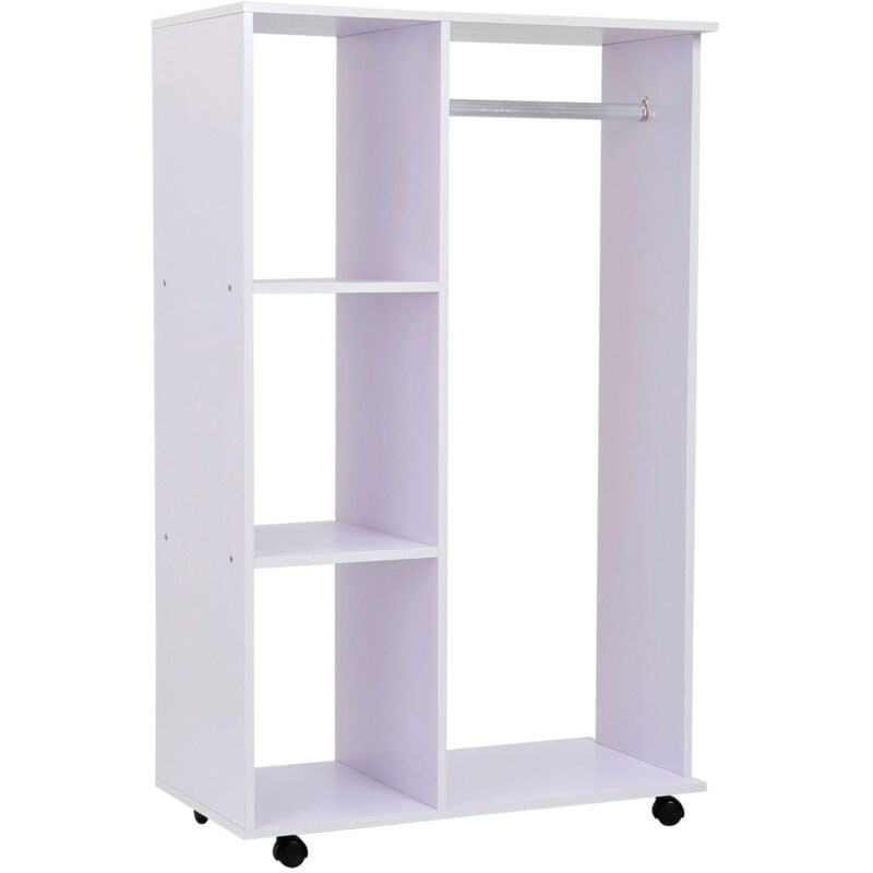 Portant à vêtements penderie mobile avec roulettes 3 étagères latérales + grand espace penderie panneaux particules blanc