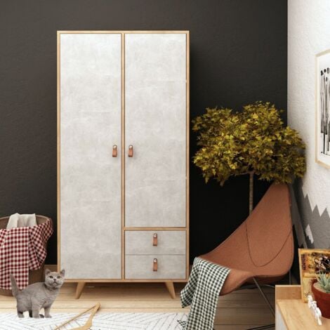 Ensemble armoire de rangement et porte manteau Laska style scandinave en  bois Chêne clair et Blanc