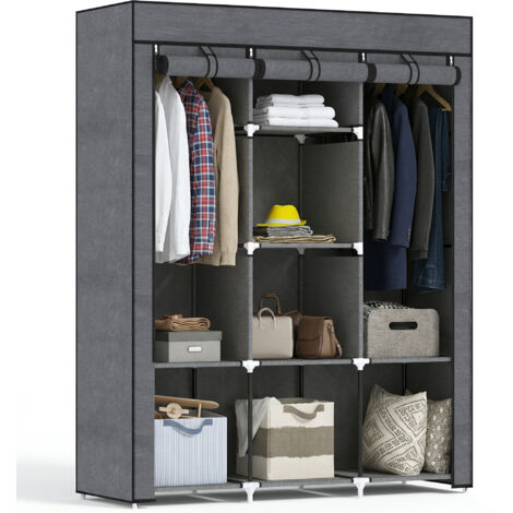 Armoire penderie grise 8 étagères 2 barres de rangement - meuble non tissé multi-rangement pour vêtements et accessoires - organisation dressing compacte et pratique.