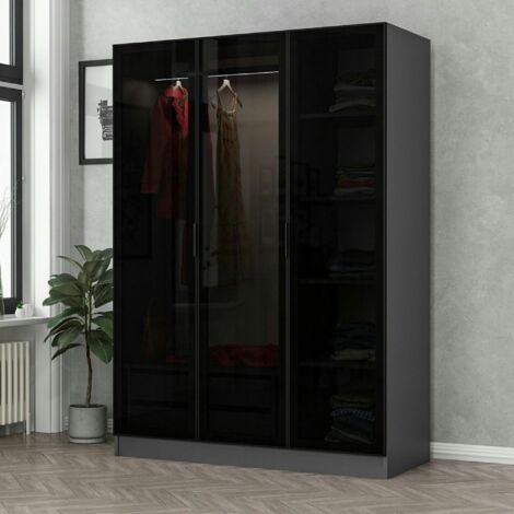 Armoire penderie grise design, 3 portes vitrées BYRON
