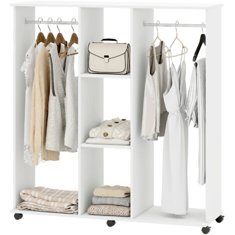 Armoire penderie meuble de rangement mobile 6 roulettes 120 x 40 x 128 cm en bois blanc